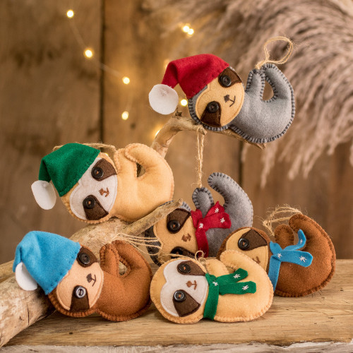 Set of 6 Handmade Christmas Sloth Ornaments from Guatemala 'Sweet Christmas Sleepers'
