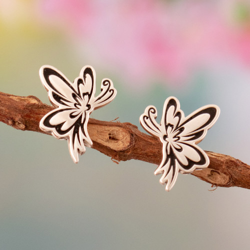 Sterling Silver Butterfly Button Earrings in Polished Finish 'Precious Transformation'