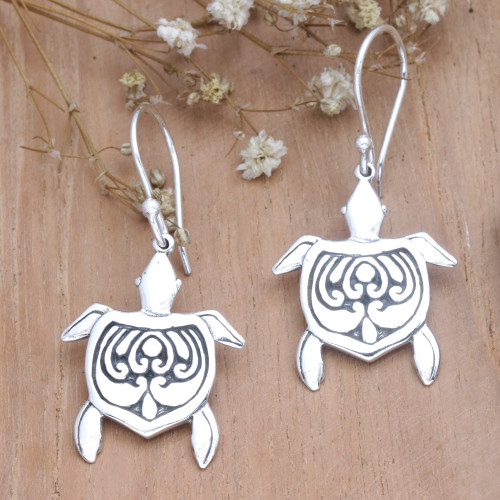 Polished Sterling Silver Turtle Dangle Earrings from Bali 'Serene Swimming'