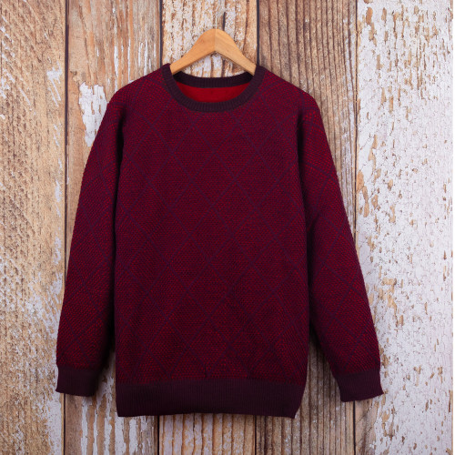 Men's Alpaca Blend Sweater in Red and Burgundy Made in Peru 'Textures  Diamonds'