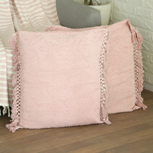 Pair of Pink Cotton Cushion Covers with Tassels from India 'Pink Passion'