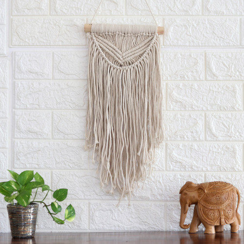 Handcrafted Braided Cotton Wall Hanging with Pine Wood Rod 'Bohemian Rain'