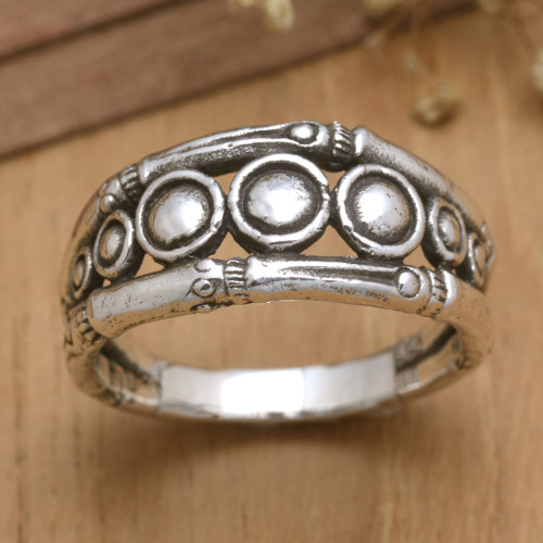 Bamboo-Themed Sterling Silver Domed Ring from Bali 'Bamboo Universe'
