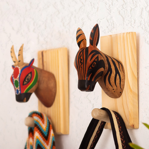 Handcrafted Zebra Cedar Wood Coat Rack from Colombia 'Tropical Stripes'