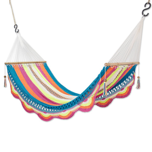 Handcrafted Cotton Rope Hammock in Colorful Hues Single 'Tropical Dreams'