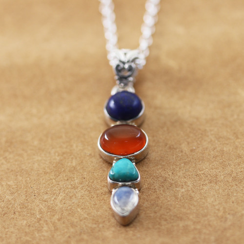 Sterling Silver Pendant Necklace with Multiple Cabochons 'Aligned Harmonies'