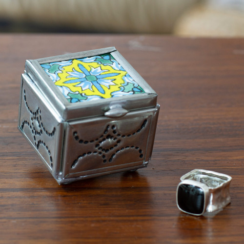 Handcrafted Talavera-Themed Tin and Ceramic Jewelry Box 'Sunny Reflections'