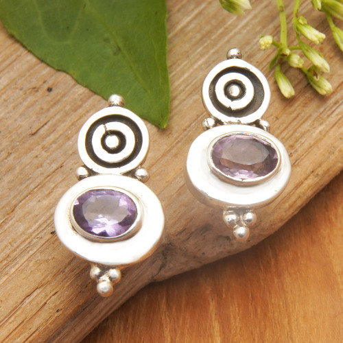 Polished Sterling Silver Drop Earrings with Amethyst Jewels 'Wisdom Trophy'