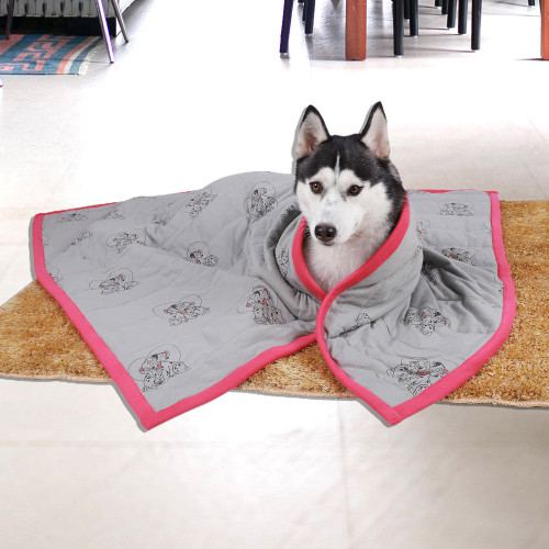Dog-Themed Printed Cotton Pet Blanket with Carmine Piping 'Carmine Yawn'