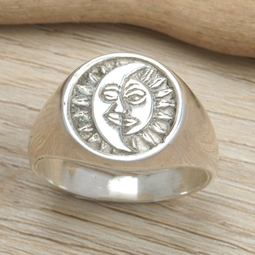 Polished Sterling Silver Signet Ring with Moon and Sun Sign 'Icon of Universe'