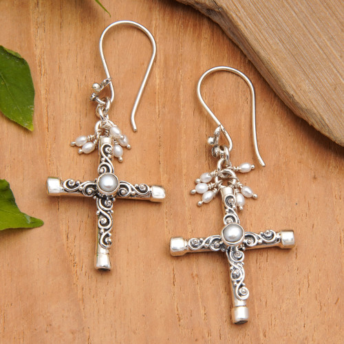 Cross Dangle Earrings with Grey and White Cultured Pearls 'Innocence Cross'
