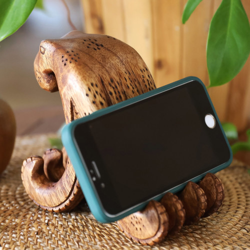 Hand-Carved Natural Brown Jempinis Wood Octopus Phone Stand 'Marine Assistant in Brown'