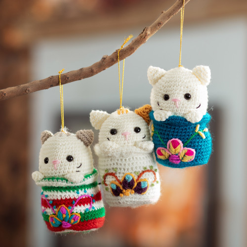 Set of 3 Crocheted Cat Ornaments with Floral Hand Embroidery 'Kitty Trio'