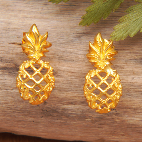 Gold-Plated Pineapple Button Earrings Made in Bali 'Pineapple Flair'