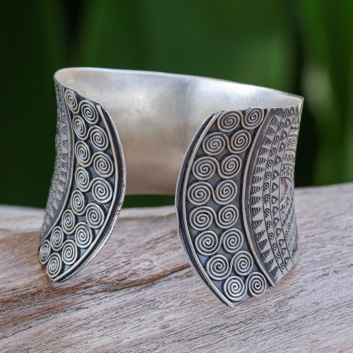 Silver Cuff Bracelet with Hill Tribe Motifs from Thailand 'Ancestor Treasure'