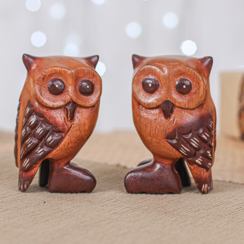 Set of Two Han-Carved Raintree Wood Owl Figurines 'Twin Wisdom'
