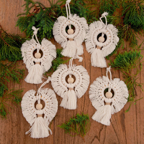 Cotton and Bamboo Angel Holiday Ornaments Set of 6 'Snow Angels'