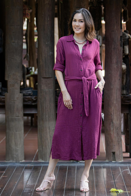 Handmade Belted Cotton Shirtwaist Dress from Thailand 'Street Smarts in Mulberry'