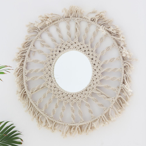 Hand Crafted Cotton Macrame Wall Mirror 'Shining Reflection'