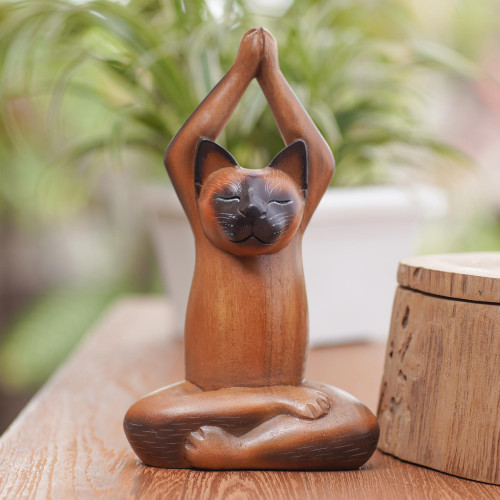 Suar Wood Yoga-Themed Cat Statuette 'Yoga Asana'