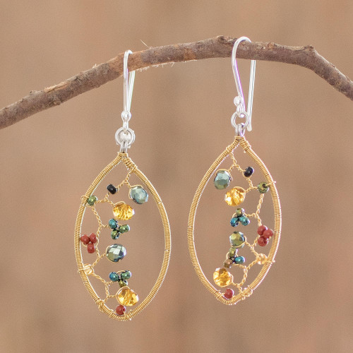 Multicolor Glass Beaded Dangle Earrings with Silver Hooks 'Multicolor Crystal Web'
