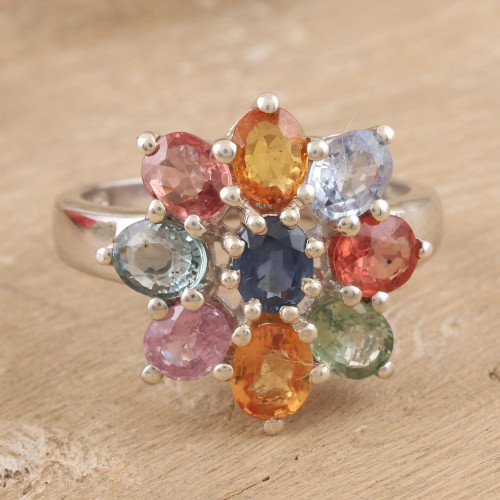 Rhodium-Plated Multicolored Sapphire Cocktail Ring 'Dazzling Garden'