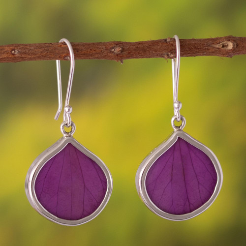 Sterling Silver and Purple Leaf Dangle Earrings from Peru 'Plum Hydrangea'