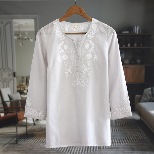 34 Sleeve Grey Cotton Tunic with White Machine Embroidery 'Summer Elegance'