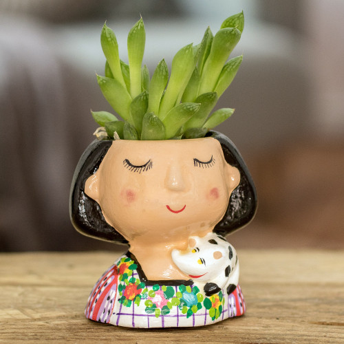 Guatemalan Handpainted Woman-shaped Mini Ceramic Flower Pot 'Maria Dreaming'