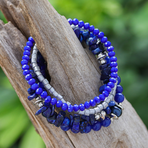 Set of 4 Blue Beaded Stretch Bracelets from Thailand 'Fancy Dream in Blue'