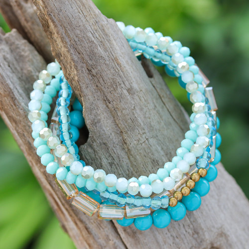 Set of 5 Turquoise Beaded Stretch Bracelets from Thailand 'Fancy Dream in Turquoise'