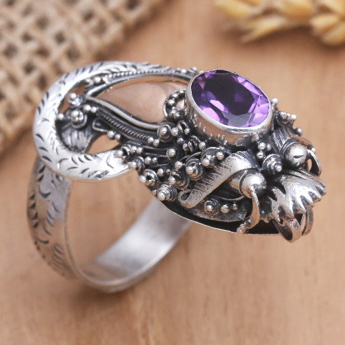 Handmade Balinese Dragon Gold Accent Amethyst Cocktail Ring 'Basuki Mini in Purple'