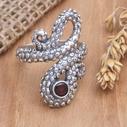 Garnet Sterling Silver Octopus Cocktail Ring from Bali 'Red Intellectual'