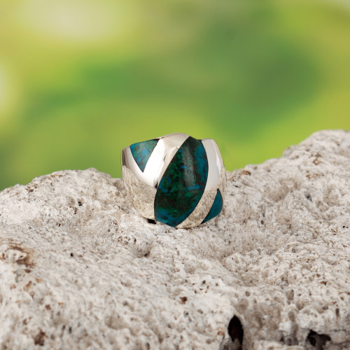 925 Sterling Silver Chrysocolla Band Ring Made in Peru 'Enclosing Winds'