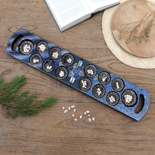 Blue Batik Wood Mancala Board Game Handcrafted in Java 'Blue Clever Leisure'