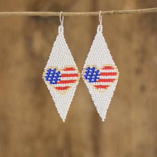 Diamond-shaped and Flag-themed Glass Beaded Dangle Earrings 'Charming Flag'