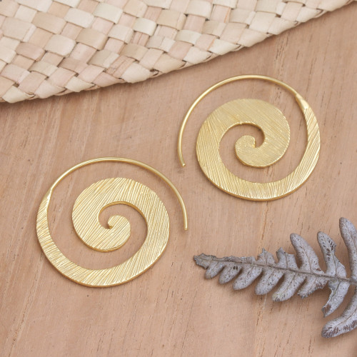 Balinese 18k Gold-plated Coil Drop Earrings 'Spinning Line'