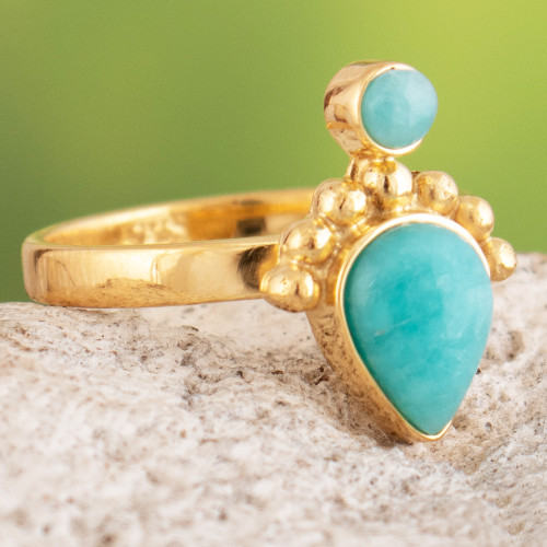 18k Gold-Plated and Amazonite Cocktail Ring Handmade in Peru 'Silhouettes of Water'