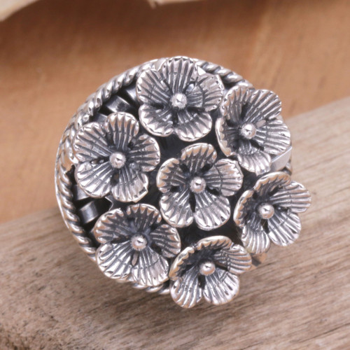 Balinese Sterling Silver Cocktail Ring with Floral Details 'Flowers for Canang'