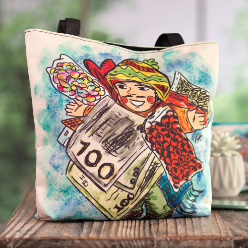 Tote Bag with Frugal Ekeko Print and Zippered Closure 'Frugal Celebration'