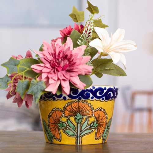 Handcrafted Talavera Ceramic Flower Pot in Yellow 'Talavera Petals'