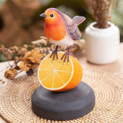 Teak  Suar Wood Bird Statuette Carved and Painted by Hand 'Robin With Orange'