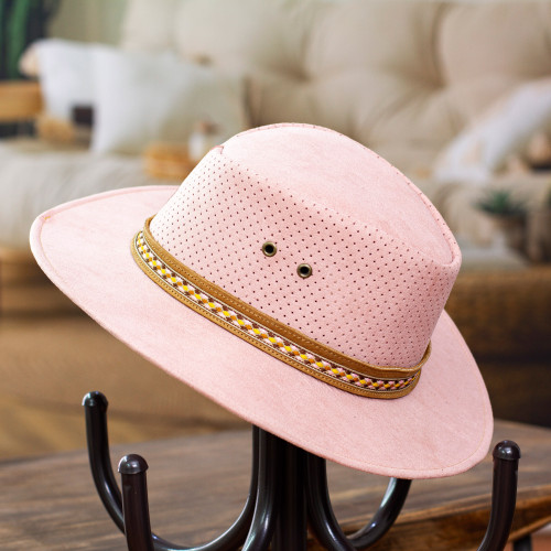 Handcrafted Pink Leather Hat with Polyester Hatband 'Classic Look in Pink'