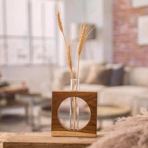 Watertight Teak Wood Stand with Glass Tube Vase 'Home Elegance'