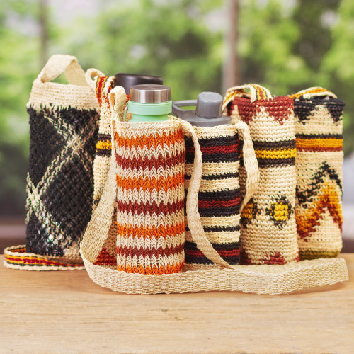 Assorted Handwoven Natural Fiber Bottle Holder with Strap  'Refreshing Chambira'