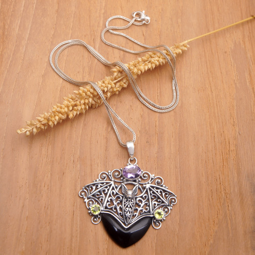 Bat-Inspired Pendant Necklace with Amethyst and Peridot Gems 'Vampire Queen'