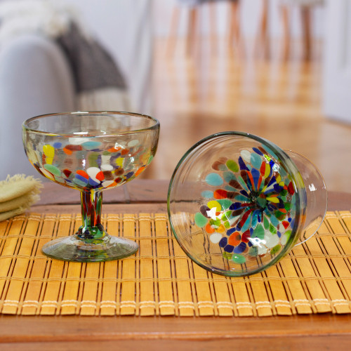 Set of 6 Multicolor Hand Blown Glass Margarita Glasses, 'Confetti Festival