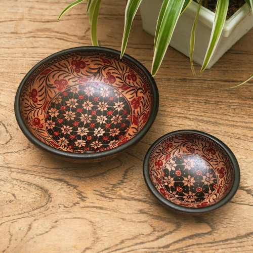 Red and Black Wadang Wood Batik Centerpieces Set of 2 'Truntum Spring'