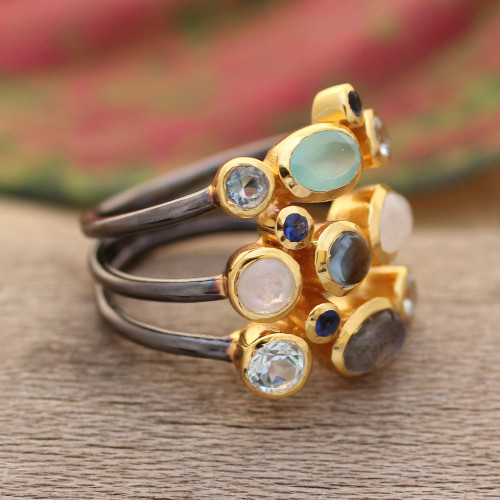 Modern Gold-Accented Multi-Gemstone Cocktail Ring from India 'Multicolored Fusion'