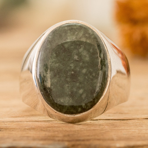 Men's Sterling Silver Domed Ring with Dark Green Jade Jewel 'Gallantry and Balance'